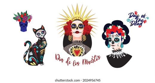 Day of the dead. Mexican celebration. Festival. Face painting. Happy Halloween. Dia de los Muertos. Girl with festive makeup and costume. Set of Vector illustration in isolated background. 