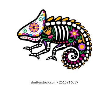 Día de los muertos Tatuaje de esqueleto de animal camaleón mexicano. Cráneo de Vector reptil de Halloween aislado. Figura de lagarto tropical Muertos con huesos esqueléticos y patrón floral en estilo popular alebrije