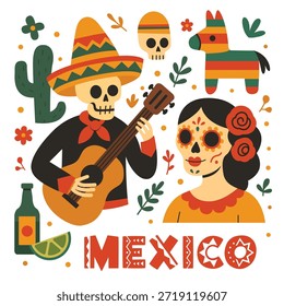 Dia dos Mortos Caracteres Mexicanos com Caveiras de Açúcar e Elementos Festivos Ilustração