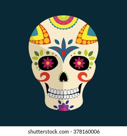 Day of The Dead mexican colorful sugar skull with floral ornament and shadow isolated on dark blue background, vector illustration