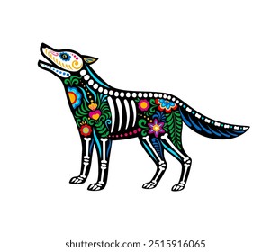 Day of the dead Mexican coyote animal skeleton tattoo, sugar skull. Isolated vector wild howl wolf or coyote animal figure with traditional alebrije motifs and bones, celebrating Mexican death holiday