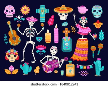 Day of dead. Mexican decorations, cute skull skeletons flowers. Cartoon mexico authentic death culture elements, candle altars vector set