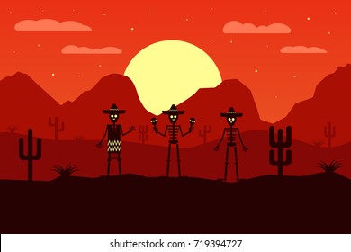Day of the dead, mexican desert landscape, flat style. Funny mexican skeleton with sombrero. Vector illustration.