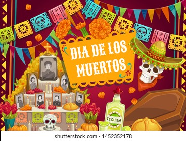 Day of Dead, Mexican Dia de los Muertos holiday, catrina skull in sombrero hat and pecked paper flags. Vector Day of Dead traditional altar photos, coffin and tequila, candles and marigold flowers