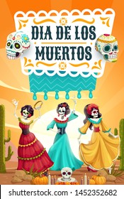 Day of Dead, Mexican Dia de los Muertos fiesta, woman skeletons with catrina calavera skulls dancing. Vector Day of Dead, Mexico party celebration, altar candles and pecked paper flags