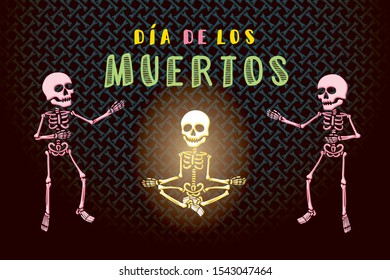 Day of the Dead or Mexican Dia De Los Muertos Logo with Big Skull Single Brush Stroke Style Skeletons Holidays Comic Creative Concept - Multicolor on Bones Background - Vector Flat Graphic Design