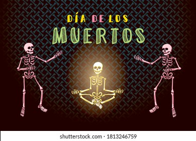 Day of the Dead or Mexican Dia De Los Muertos Logo with Simplified Single Brush Stroke Style Skeletons Holidays Comic Creative Concept - Multicolor on Bones Background - Vector Flat Graphic Design