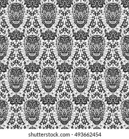 Day Of The Dead And Mexican Dia Los Muertos Background. Black Lace Sugar Skull Seamless Pattern