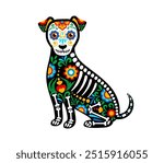 Day of the dead Mexican dog animal skeleton tattoo with vibrant traditional patterns and skeleton motifs, capture festive spirit and cultural significance of the Dia de los Muertos holiday celebration