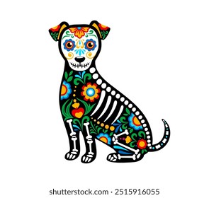 Day of the dead Mexican dog animal skeleton tattoo with vibrant traditional patterns and skeleton motifs, capture festive spirit and cultural significance of the Dia de los Muertos holiday celebration