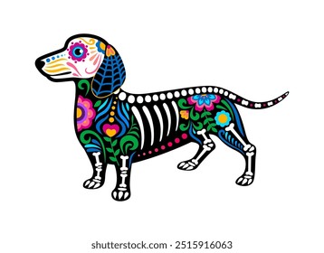 Tatuaje del esqueleto del perro mexicano muerto. Aislado Vector día de los Muertos cráneo de azúcar de vacaciones dachshund cachorro decorado con patrones florales coloridos festivos, huesos y Elementos esqueléticos