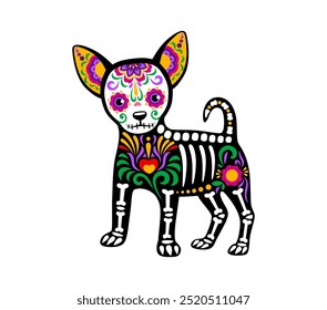 Dia da tatuagem de esqueleto de cachorro mexicano morto. Vetor isolado Dia de los muertos cachorro de crânio de açúcar com motivos florais vibrantes e ossos simbolizando a lembrança e celebração de animais de estimação falecidos