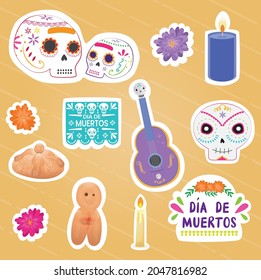 Day of the Dead. Mexican elements for Festival on November. Vectorial set with traditional bread of the dead, candles, guitar, marigold flower, sugar skull, paper cut. Kawaii Mexican skull stickers