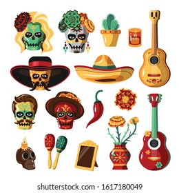 Day of dead as mexican ethnic holiday cartoon set with guitar festive mask elements of tradition national wear vector illustration  