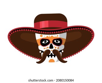 Day of dead as mexican ethnic holiday cartoon composition with painted human skull in traditional hat vector illustration