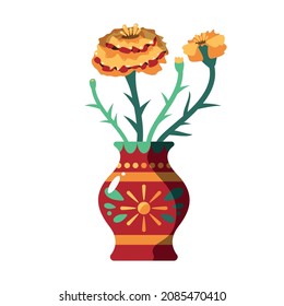 Day of dead as mexican ethnic holiday cartoon composition with isolated image of flowers in colorful pot vector illustration