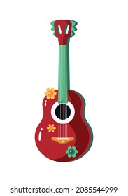 Day of dead as mexican ethnic holiday cartoon composition with isolated image of red acoustic guitar vector illustration