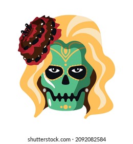 Day of dead as mexican ethnic holiday cartoon composition with isolated image of female skull with hair and flower vector illustration