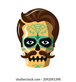 Day of dead as mexican ethnic holiday cartoon composition with isolated image of painted male skull vector illustration