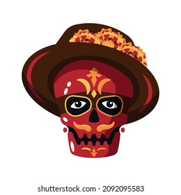 Day of dead as mexican ethnic holiday cartoon composition with painted human skull in traditional hat vector illustration