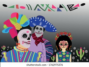 Day of the Dead Mexican Family at the Festival
Disguised man, woman and girl at the carnival. Cheerful happy family. Use for holiday invitations. Print a poster.
