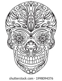 Day of the Dead. Mexican Festival. Black and white color pages with skull and flowers, vector
