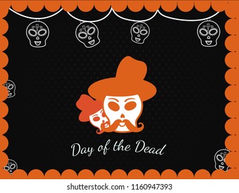 Day Of The Dead Mexican festival celebration concept poster or banner design with skull wearing sombrero hat.
