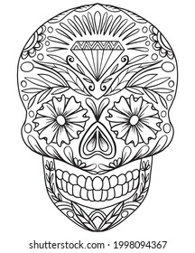 Day of the Dead. Mexican Festival. Coloring pages on a white background with skull with flowers and diamond, vector