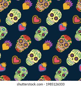 Day of the dead, mexican festival seamless pattern, dia los muertos bright ornament with skulls.