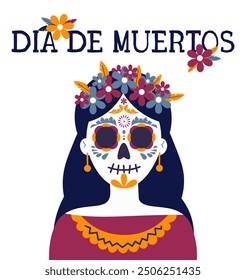 Day of the dead, Mexican festival. Vector female white skull with flowers.