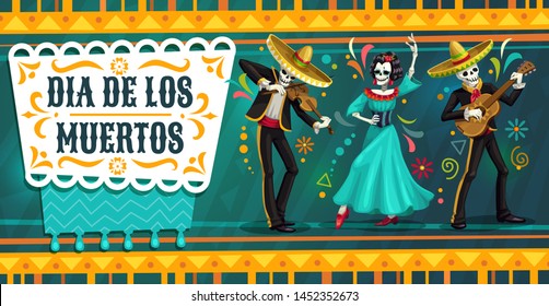 Day of the Dead Mexican fiesta party with dancing skeletons. Dia de los Muertos religion holiday vector skulls and Catrina playing guitar and dancing flamenco in mariachi sombrero, suits and dress