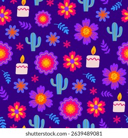 Day of the dead mexican floral decorations, candles and other elements. Dia de los muertos seamless pattern.