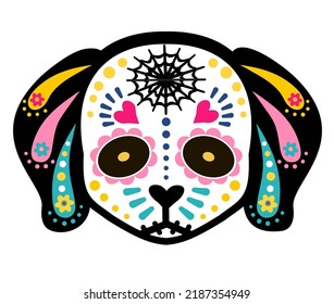 Day of the dead and Mexican folk art Dog Heads. Cute dog day of the dead, vector illustration design.  Skeletons with floral patterns. 