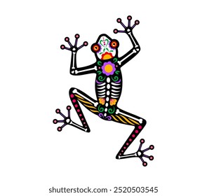 Day of the dead Mexican frog animal skeleton tattoo. Isolated vector Dia de los Muertos figure of toad amphibian, sugar skull, skeleton bones with floral pattern, symbol of nature, fauna and wild life