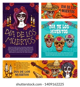 Day of the Dead mexican Halloween holiday skulls and Dia de Muertos Catrina sketches. Mexico festival skeletons with sombrero, rose flowers, guitar and candles, Latin American fiesta vector design