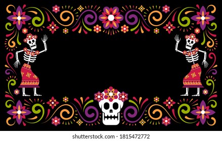 Day of dead mexican halloween ornamental frame with skeletons Catrina Calavera. Dia de Muertos poster with sugar skull. Vector illustartion.