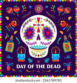 Tag des toten mexicanischen Urlaubsbanners mit Zucker-Calavera-Schädel und tropischen Blumen. Dia de los muertos Vektor Grußkarte mit Calaca-Kopf, brennende Kerzen, Tequila-Flaschen, Maracas und Jalapeno