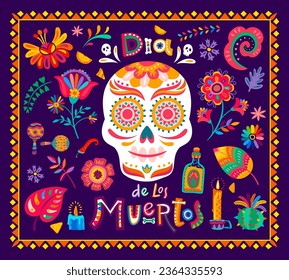 Day of the dead mexican holiday banner. Dia de los muertos calavera skull, tropical flowers and candles, tequila drink and jalapeno peppers. Vector greeting card in traditional alebrije ethnic style