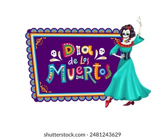 Day of the Dead Mexican holiday banner with dancing Catrina character, vector background. Dia de Los Muertos holiday fiesta greeting with skeleton bones letters and Catrina with calavera skull