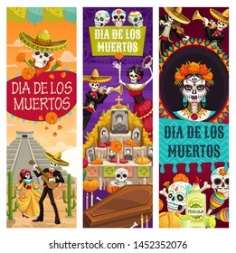 Carteles del Día de los Muertos Mexicanos, fiesta de los Muertos. Mujer vedora muerta baila con esqueleto tocando guitarra, cráneo de calavera en altar ritual con fotos, velas y ataúd