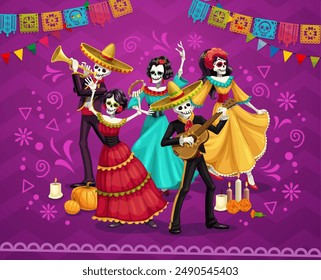 Day of the Dead Mexican holiday characters, Dia De Los Muertos mariachi musicians and dancers, vector poster. Day of the Dead fiesta, Catrina calavera and skeletons music band in sombrero with guitars