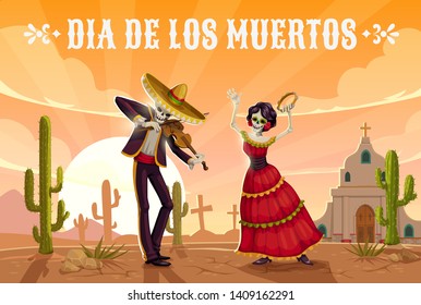 Tag des Toten mexicanischen Feiertags Tanzskelette in Sombrero. Dia de los Muertos Religion Festivalskull und Catrina spielen Geige und Tambourin auf Friedhof mit Kirche und Kakteen. Vektordesign