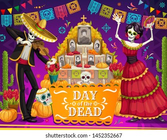 Day of the Dead Mexican holiday dancing skeletons near altar vector greeting card. Mariachi skeleton and Catrina with sombrero, sugar skulls and marigold flowers, cactus and festive bunting garland