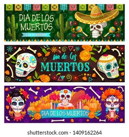 Day of Dead Mexican holiday, Dia de los Muertos party banners and flags. Vector Dia de los Muertos fiesta marigold flowers, catrina calavera skull in floral decoration, skeleton in Mexican sombrero