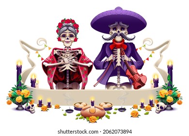 Day of the Dead mexican holiday Dia de Muertos. Skeleton old couple grandparents. Vector cartoon illustration isolated on white greeting card