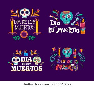 Day of Dead mexican holiday, Dia De Los Muertos calavera sugar skulls vector cards. Mexico Halloween holiday skeleton bones, festive candles and marigold flowers, decorated with latin floral ornaments