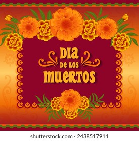 Day of the Dead, Mexican holiday, Dia de los muertos festival. Poster, banner or card with marigold flowers on a golden background.Vector illustration.