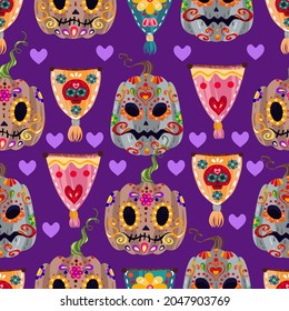 The day of the Dead. Mexican holiday. Die de los muertos. Vector illustration, festival, handmade, dark background, seamless pattern