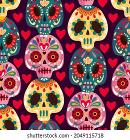 The day of the Dead. Mexican holiday. Die de los muertos. Vector illustration, festival, seamless pattern, dark background