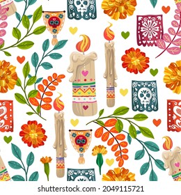 The day of the Dead. Mexican holiday. Die de los muertos. Vector illustration, festival,  light background, seamless pattern